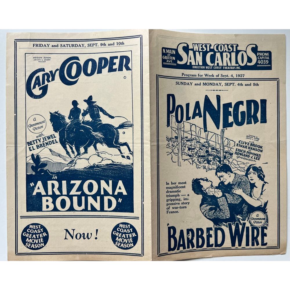 RARE 1927 Gary Cooper, Richard Dix, Pola Negri, Adolphe Menjou Movie Program